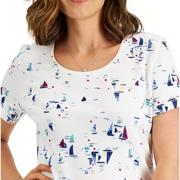 Karen Scott White and Blue Fitted Short Sleeve T-Shirt Size S - Picture 1 of 4